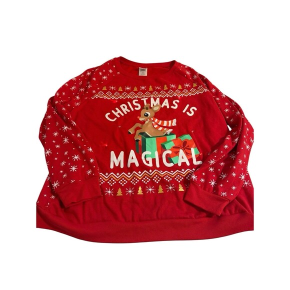 Womens Red Light Up Christmas is Magical Rudolph Christmas Sweatshirt Size 3XL - Picture 1 of 7